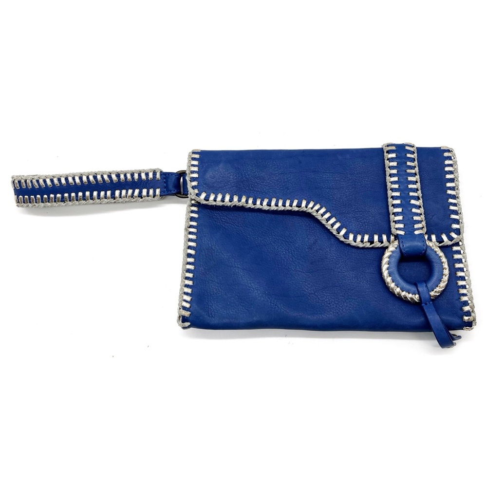 Anthropologie HOLDING HORSES Blue Leather Whipstitch Clutch